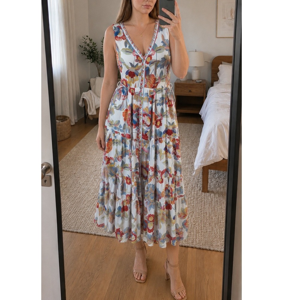 Kobi Halperin Floral Maxi Dress L/XL Sleeveless Tiered Boho Tropical Resort